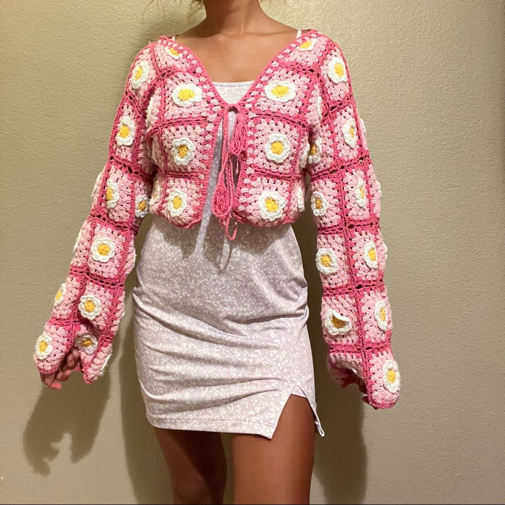 Shop fluffy pink daisy cardigan size small